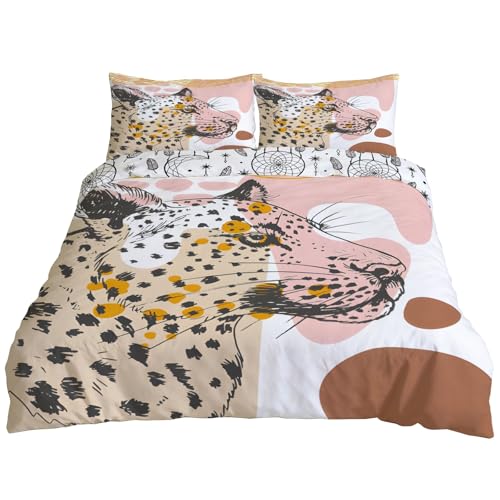 TMMDH Farbkontrastkunst Bettwäsche 220x240 Bettbezug Ver Jahreszeiten Bettwäsche-Sets Rosa Leopard Bettwäsche Sets Bequem Atmungsaktiv Hypoallergen Bettwäsche Bettwäsche Set + 2 Kissenbezug 80x80 cm