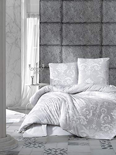 ZIRVEHOME 135x200 4 teilig Set. Grau/Weiß Baumwolle Bettbezug, Weiß Barock Muster, mit Reißverschluss 2 mal 80x80. Kissenbezuge, Alone V1