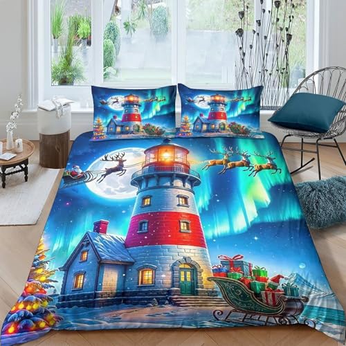 XPZABCDEG Leuchtturm 3D Quilt Cover Set Für Jungen Mädchen Weiche Mikrofaser Festlicher Turm Schnee 3 Stück Bettwäsche Mit Kissendecken Schlafzimmer Dekor Single?135x200cm?