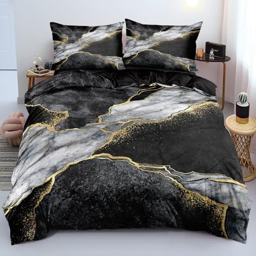 Luowei Bettwäsche 135x200cm Grau Schwarz Gold Marmor BettwäSche Set 3D Drucken Mikrofaser Bettbezug und 1 Kissenbezug 80x80cm mit Reißverschluss