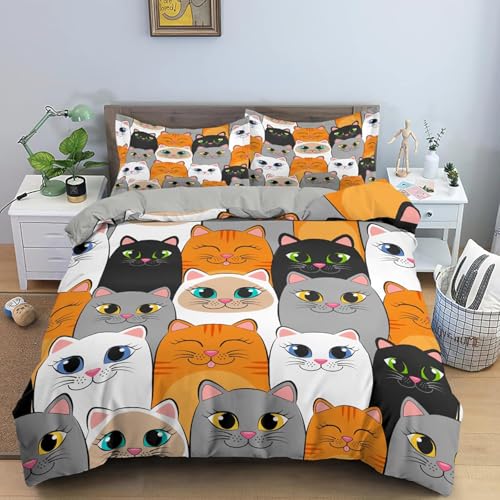 Generisch Bettwäsche 200x220 Katze Bettwäsche-Sets 3D Prin-Bettwäsche 200x220 cm – Mikrofaser-1Bettbezug + 2 Kissen 80x80, für Mädchen Jungen weich & pflegeleicht