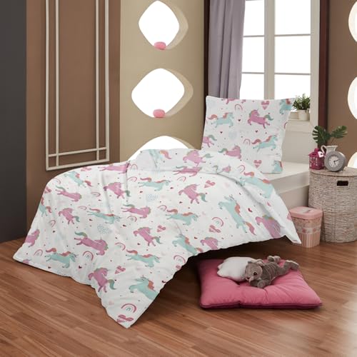 Aminata kids Bettwäsche 135x200 Biber Einhorn -Motiv Kinder Mädchen Baumwolle Rosa YKK Reißverschluss - Einhorn-Wende-Bettwäsche -Set Warm, Weich & Kuschelig - Flanell Tier-Motiv
