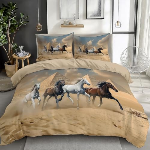XCQHZYQ Bettbezug Bettwäsche Set 180x200 cm Tierpferd Ägyptische Pyramiden 3D Bettwäsche-Set Mädchen Junge Kinder Mikrofaser Baumwolle Weiche Bettbezug mit Reißverschluss Kissenbezüge