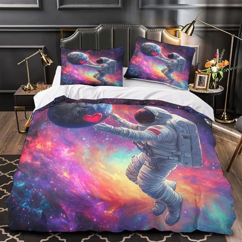 CTYQKZVPM Astronaut hält Erde 3D Bedruckt Bettdeckenbezug 3teilig Mikrofaser pflegeleicht Weltraumfantasie Bettbezug 2 Kissenbezüge leichtgewichtig Jugendliche Erwachsene Super King?260x220cm?