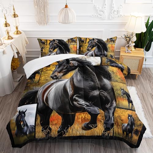 AILONEN Schwarzes Pferd-Bettwäsche-Set, Queen-Size-Größe für Jungen, Galoppierendes Pferd, Herbstblätter, Wald, weiche Steppdecke und 2 Kissenbezüge, 3-teilig