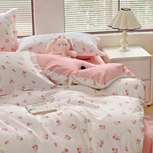 Covebett Bettwäsche 140x200 Rosa Weiß Blumenmuster Aesthetic Bettbezug Blumen Blätter Pflanzen Muster Weiche Mikrofaser Renforcé Wendebettwäsche Set 2teilig mit Reißverschluss und Kissenbezüge 70x90cm
