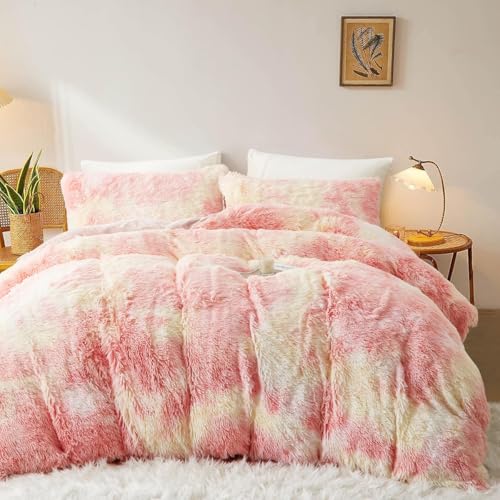 Sacebeleu Winter Bettwäsche 155x220cm Rosa Gelb Plüsch Langhaar Flauschig Flanell Biber Bettbezug Warme Bettbezug und 1 Kissenbezug 80x80cm mit Reißverschluss