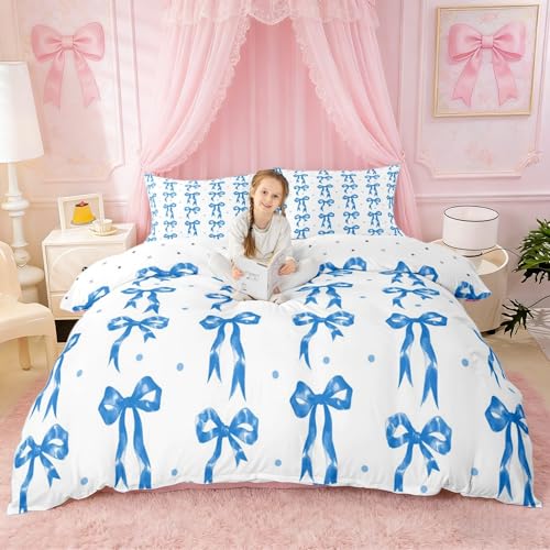 feelingyou Mädchen Bowknot Kinder Bettdecke M Größe Prinzessin Stil Blaue Krawatte Troster Abdeckung für Jungen Mädchen Polka Dot Druck Weiß Bettwäsche Set(1 Kissenbehälter)