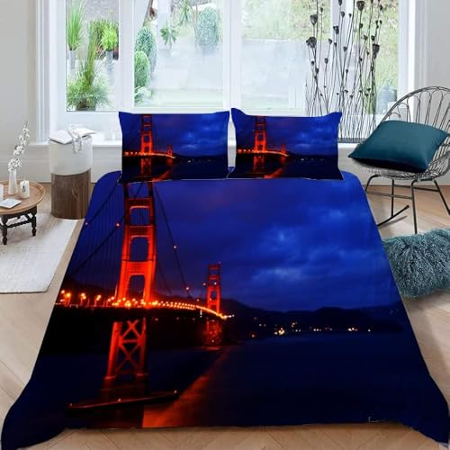 Golden Gate Bridge Bettwäsche 155x200 Nachtszene Bettwäsche-Sets für Mädchen Jungen Kinder Weiche Mikrofaser 3D Drucken Bettbezug mit Reißveschluss und 2 Kissenbezüge 347.B