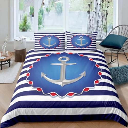 NDXRWDZR Bettwäsche 155x220 Blauer Anker Bettwäsche-Set mit Reißverschluss Schließung für Kinder Weicher Atmungsaktive Mikrofaser Bettbezug + 2 Kopfkissenbezug 80x80 cm