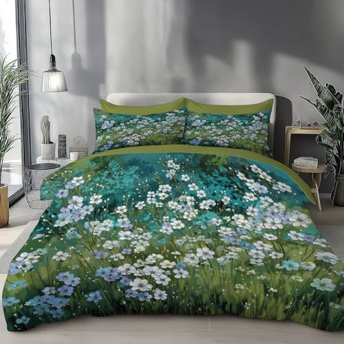Bettwäsche-Set 200 X 200 Cm, 3 -Teilig, Ölgemälde Mit Weißen Blumen Landhausstil, 1 Bettbezüge 200 X 200 Cm + 2 Kissenbezüge 80 X 80 Cm, Bettwäsche-Set Aus Polyester-Mikrofaser Mit Reißverschluss