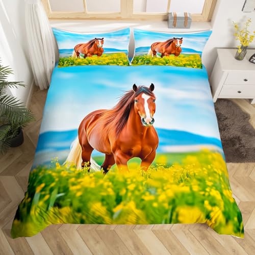 Loussiesd Pferd Drucken Bettbezug Set Frühling Grasland Bettwäsche Set 135x200cm Mädchen Jungen Braunes Pferd Bettwäsche-Set Wilde Tiere Betten Set mit 1 Kissenbezug 80x80cm, weiche Mikrofaser