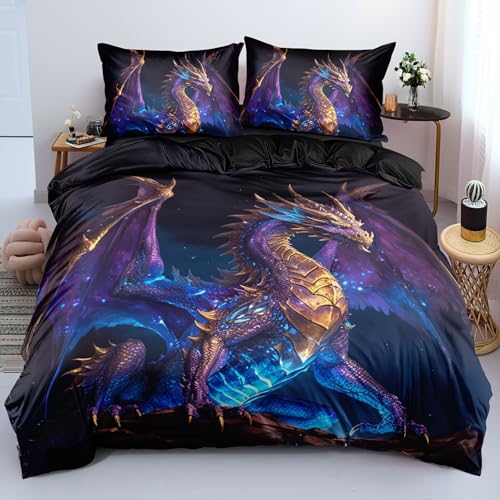 ZZTBQ Lila Drachen Bettwäsche-Set für Kinder 135x200 2teilig Galaxy Dragon Kinderbettwäsche 1 Bettbezug 135x200 cm + 1 Kissenbezüge 80X80 cm, Blau Schwarz Kinder Bettwäsche-Sets mit Reißverschluss