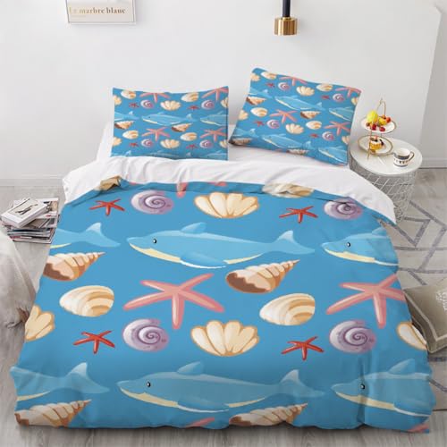 Generisch 3D Maritime Bettwäsche 155x220 cm 3teilig Seestern Muschel Bettbezug mit Reißverschluss 100% Mikrofaser Leicht Atmungsaktive Bettwaren Set mit 2 Kissenbezüge 80x80?Muster 71-5?