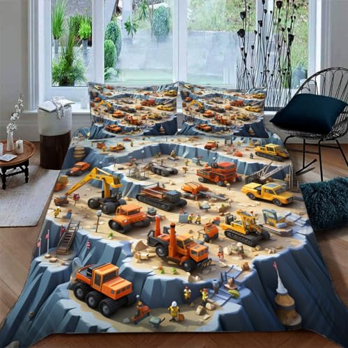 Ruiqieor Bettwäsche 135x200cm,Bagger LKW Auto Traktor Baufahrzeuge Motiv Bettwäsche Set 3teilig,1 Bettbezug+2 Kissenbezug 80x80 cm,3D Cartoon gedruckte Kinder Bettwäsche?#1?