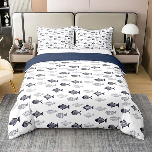Manfei Fisch 100% Baumwolle Bettbezug L Größe,Angeln und Jagen Bettwäsche Sets Kinder Jungen Mädchen Zimmer Dekor,Wildtiere Decken Abdeckung, 2 Kissenbezug