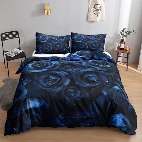 HOSIMA Rosen BlauBlume Bettwäsche,100 x 132cm,Romantische Blume Blaue Rosen Bettbezug,Bettwäsche-Set ,1 Bettbezug,1 Kissenbezug,mit Reißverschluss,geeignet für Mädchen,Jugendliche