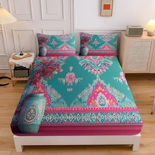 Türkis Spannbettlaken Set 120X200Cm, Traditionelle Vase Bedrucktes Weiches Spannbetttüche, Orientalisch Geometrisch Mikrofaser Atmungsaktiv Bettwäsche Tiefe Tasche 30Cm Mit Kissenbezügen