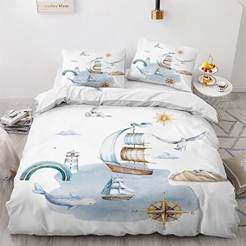 GEDAEUBA Nautisch Bettwäsche 155x220 - Maritim Bettbezug 155x220 3 teilig, Wendebettwäsche und Kissenbezug 80x80, Weiche & Angenehme & Atmungsaktive Mikrofaser Bettwäsche-Sets mit Reißverschluss