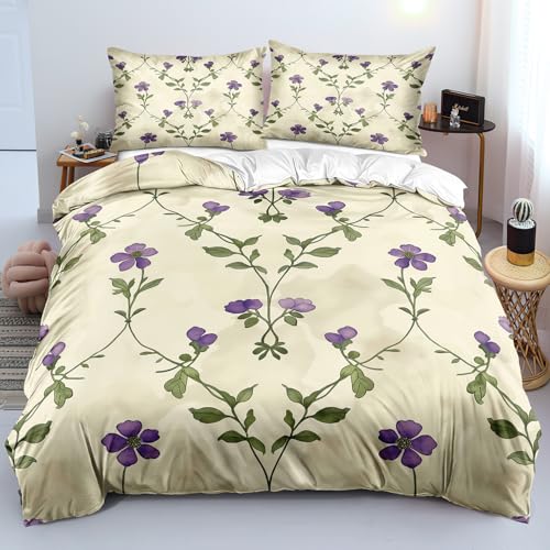Bettwäsche 200x200 Im Vintage-Landhausstil mit Lila Blumenmuster für Kinderzimmer, Mädchenzimmer und Schlafzimmerdekoration, Romantischer Beigefarbener Bettbezug mit Blumendruck, Pflegeleicht, DOP