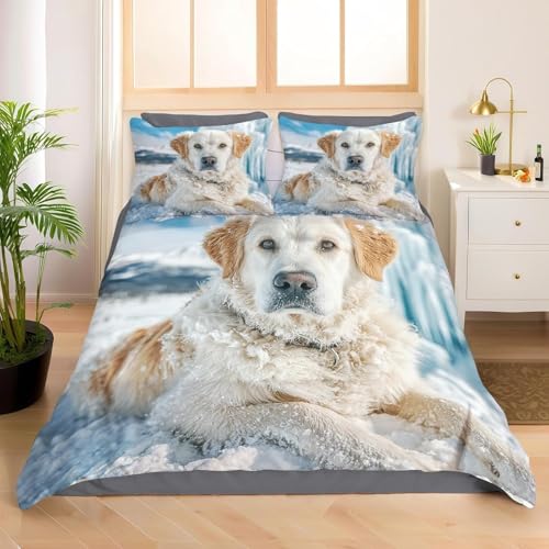 Golden Retriever Bettwäsche 155x220 Schneelandschaft Bettbezug 3D Weiche Mikrofaser 3 Teilig Bettwäsche-Sets mit Reißverschluss und 2 Kissenbezüge 80x80 cm K.143
