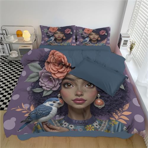 Bettwäsche 200*200cm Taro-Lila Asiatische Frauen mit lockigem Haar Bettbezug Set 3 Teilig Lila Punktmuster Blümchen Blumenmuster Weich Bettwäsche-Sets mit 2 Kissenbezüge 80x80 cm und Reißverschluss
