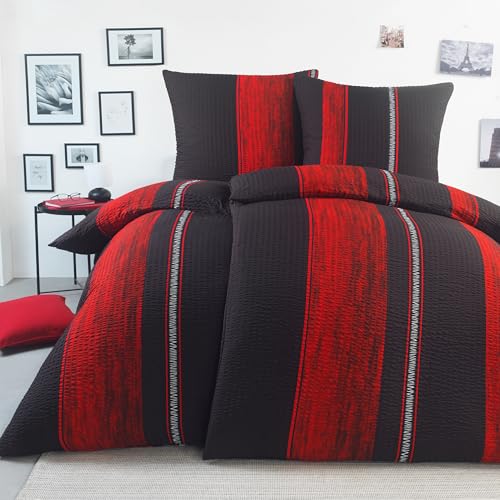 BaSaTex Mikrofaser Seersucker Bettwäsche Set 4 teilig - bügelfreie Microfaser Bettgarnitur Öko-Tex Zertifiziert - 2X 135x200 cm + 2X 80x80 cm - Design: Bernhard Rot
