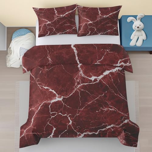 Generisch Weinrot Marmor Bettwäsche 240x260, Weiß Abstrakt Muster Bettwäsche Set 3 Teilig, Modern Mikrofaser Bettbezug mit Reißverschluss und 2 Kissenbezügen 80x80 Sj9H27