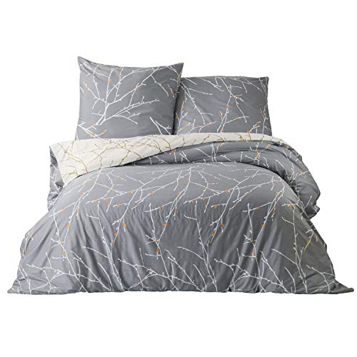 BEDSURE Bettwäsche 155x220 Baumwolle Grau - Bettwäsche-Sets 155 x 220 cm Bettbezug 3teilig mit 2 Kissenbezüge 80x80 cm, Bettwäsche Warm mit Reißverschluss Zweige Muster