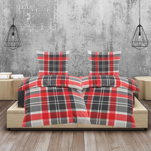 Casa Colori Seersucker Bettwäsche 135x200 4tlg. mit Reißverschluss - Rot Grau kariert