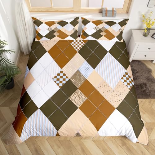 Homewish Vintage Braun Beige bettbezug für Kinder,Moderne Streifen Geometrie Diamant Bettwäsche 155x220cm Geometrische Patchwork Bettwäscheset Buffalo Plaid Schachbrett Schachbrett bettset 2 teilig