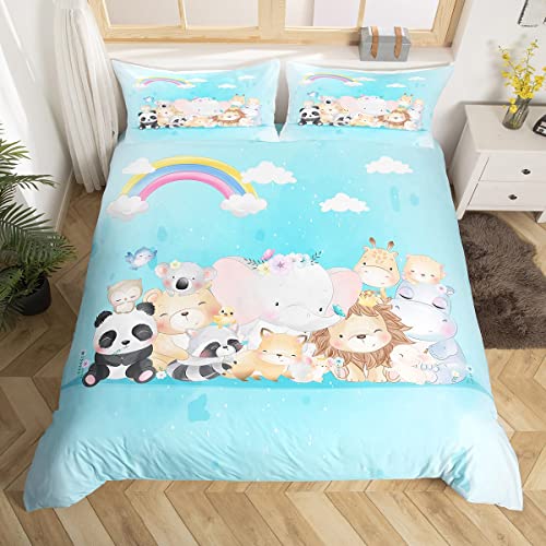 richhome Cartoon Tiere Kinder Bettbezug Set 135x200,Nette Elefant Panda Eule Koala Bettwäsche Set,Schöne Giraffe Löwe Tröster Abdeckung, Regenbogen Aquarell Quilt Cover,1 Kissenbezug