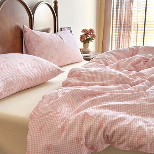 Covebett Bettwäsche 135x200 Rosa Weiß Kariert mit Rosa Schleifen Muster Bettbezug Set 2teilig Weich Microfaser Kawaii Karo Schleifenmuster Mädchen Deckenbezug und Kissenbezug 80x80 mit Reißverschluss