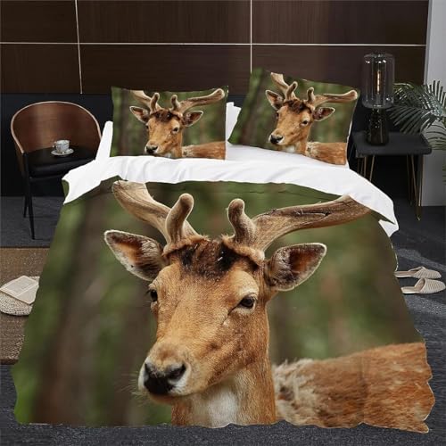 Hirsch Bettwäsche 155x220 3D Druck Wildtiere Bettbezug Weiche Mikrofaser Bettwäsche-Sets 3 Teiliger Bettbezüge mit Reißverschluss und 2 Kissenbezüge 80x80 cm h.6333