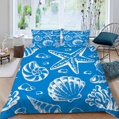 MOXINO 3D Maritime Bettwäsche 135x200 cm 2teilig Seestern Muschel Bettwäsche für Kinder Leicht Mikrofaser Bettbezug Sommer Weiche Bettbezüge mit Kissenbezüge 50x75?Muster 99-5?