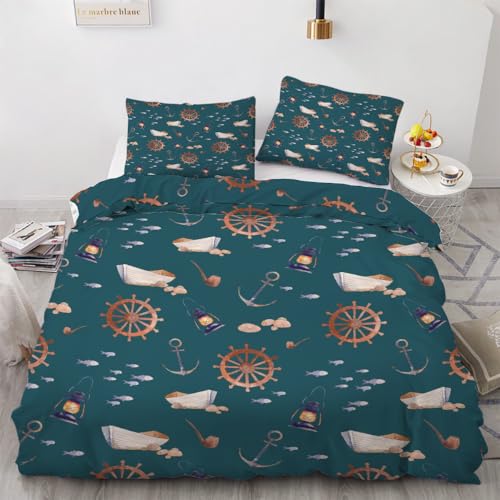 RFFLUX 3D Ozean Maritim Bettwäsche Set 135x200 cm 4teilig Microfaser Warme Sommer Weich Wendebettwäsche Anker Bettbezug Kinderbettwäsche mit 2 Kissenbezug 50x75 cm?Stil 38-7?