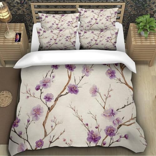 Bettwäsche 155x220 Flieder Weich Mikrofaser Tuschemalerei Bettwäsche-Sets 3D Bettbezug 3 Teilig Bettbezüge mit Reißverschluss und 2 Kissenbezüge D-1264