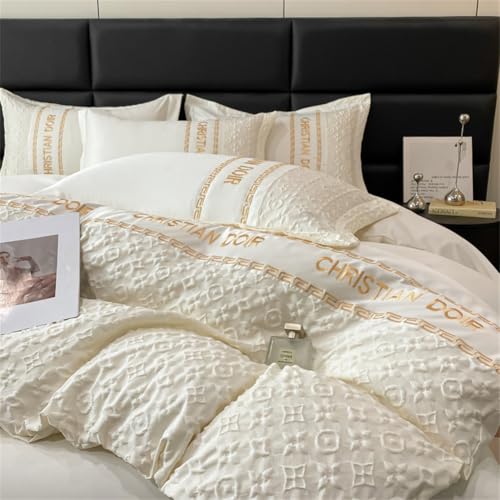 Vierteilige Bettwäsche aus gewaschener Tencel-Seide, luxuriöser, seidiger, hautfreundlicher Bettbezug mit doppeltem Kissenbezug, geprägte Bettlaken, Bettbezug (Grau, passend für 2 Meter breite Betten)