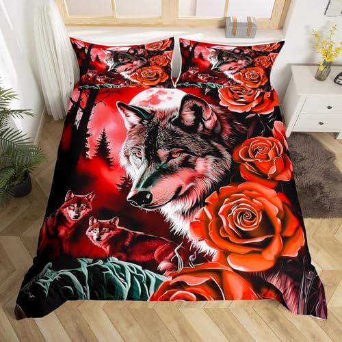 Homewish Wölfe Bettbezug Set Rose Blumen Bäume Nachthimmel Mond Wolf Bettwäsche 135x200 für Jungen Mädchen Teenager,Ästhetisch Wildtiere Bettwäscheset Modern Neuartig Tierliebhaber Schlafzimmer Dekor Homewish Wölfe Bettbezug Set Rose Blumen Bäume Nachthimmel Mond Wolf Bettwäsche 135x200 für Jungen Mädchen Teenager,Ästhetisch Wildtiere Bettwäscheset Modern Neuartig Tierliebhaber Schlafzimmer Dekor