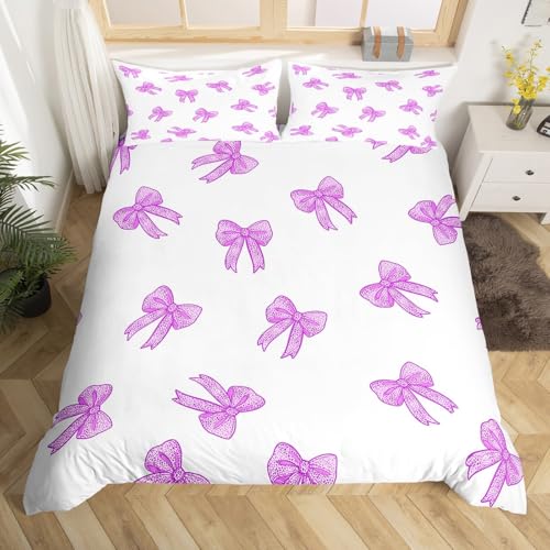 Kawaii Bowknot Bettbezug Set S Größe, Lila Bogen Muster Leopard Druck reversible Tröster Abdeckung (nicht Tröster), Elegante Prinzessin Stil Weiß Polyester Bettwäsche Set Schlafzimmer Dekor, 2 Pcs