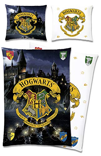 Harry Potter Wende-Bettwäsche Hogwarts 135 x 200 + 80 x 80 cm 100% Baumwolle Renforcé-Linon-Qualität Gryffindor Hufflepuff Ravenclaw Slytherin Ron Weasley Hermine deutsche Größe Reißverschluss
