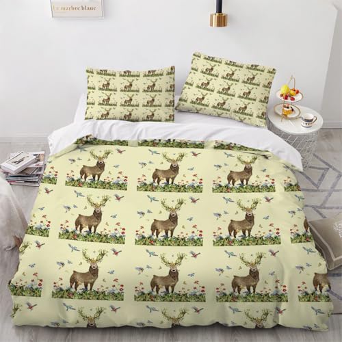 Generisch 3D Cartoon Hirsch Bettwäsche 155x220 cm 3teilig Cartoon Hirsch Bettbezug mit Reißverschluss 100% Mikrofaser Leicht Atmungsaktive Bettwaren Set mit 2 Kissenbezüge 80x80?Muster 144-4?