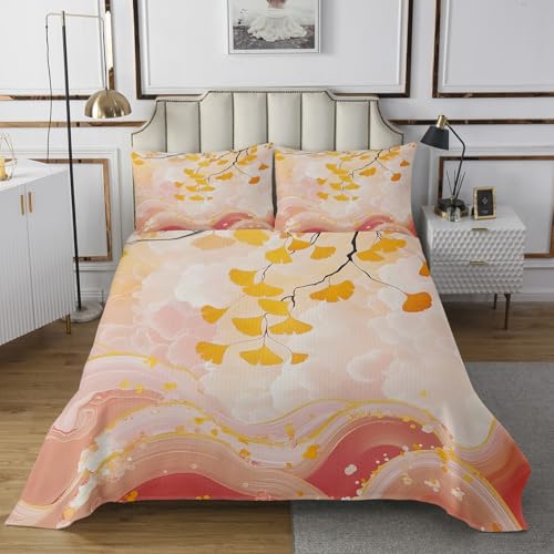 Ginkgo Blatt Tagesdecke S Größe, Pink Gold Marmorierung Bettwäsche Sets Kinder Mädchen Jungen Erwachsene Abstrakte Kunst Tröster Set Luxuriöse Moderne Quilt Coverlet, 1 Kissenbezug