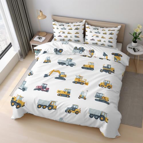 Generisch Bagger Bettwäsche 135x200cm, Baufahrzeuge Baustelle Fahrzeuge Bettwäsche-Sets 2 Teilig, Bettbezug + 1 Kissenbezüge 80x80cm Weich Mikrofaser mit Reißverschluss 21D&-19
