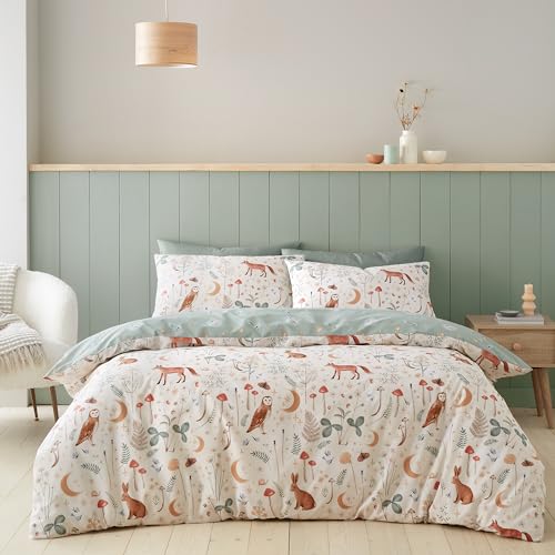 Catherine Lansfield Enchanted Twilight Animals Wende-Bettwäsche-Set für Doppelbett mit Kissenbezügen, Natur