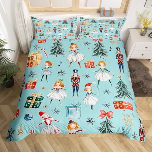 Homewish Weihnachten Nussknacker bettbezug Rote Krawatte Weihnachtsbaum Bettwäsche 155x220cm Süß Ballett Weihnachten Schneeflocke Bettwäscheset Cartoon Royal Guard Soldier bettset,Teal