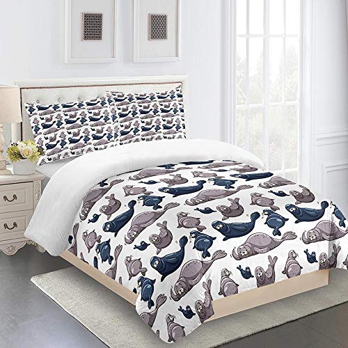 Bettwäsche 140x200 Robben Tiere Bedruckte Bettwäsche Set 3-Teiliges Polyester mit Reißverschluss, 1 Bettbezug und 2 Kissenbezug für Kinder Jungen Mädchen Erwachsene, Einzelbett