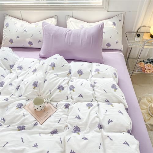 Lanqinglv Bettwäsche 135x200 Lila Lavendel mit Weiß Bettwäsche Blumen aus Microfaser,ÖKO-TEX Bettwäsche Set Violett - Bettbezug mit Reißverschluss und 1 Kissenbezug 80x80 cm