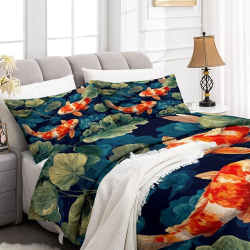 Bettdecke 220 x 240 cm 4 Jahreszeiten - Dunkelblau Daunendecke Bettdecke ohne Bezug Schlafdecke, Warme & Weiche Waschbar Traditionell Orientalisch Tiere Koi Ganzjahresdecke Bettwäsche