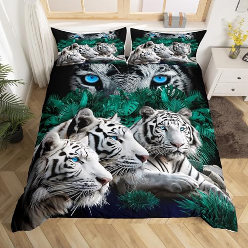 Homemissing Tiger Bettbezug Set Wildtier Themenmuster Bettwäsche Set 200x200cm für Kinder Erwachsene Safari Katzen Bettwäsche Weiche Wildtiere Weiße Tiger Dekor Bettbezug